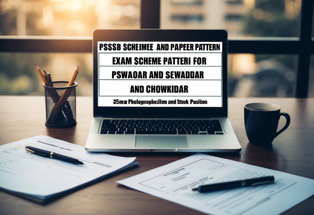 A table with a laptop, pen, and paper showing the exam scheme and paper pattern for PSSSB Sewadar and Chowkidar positions