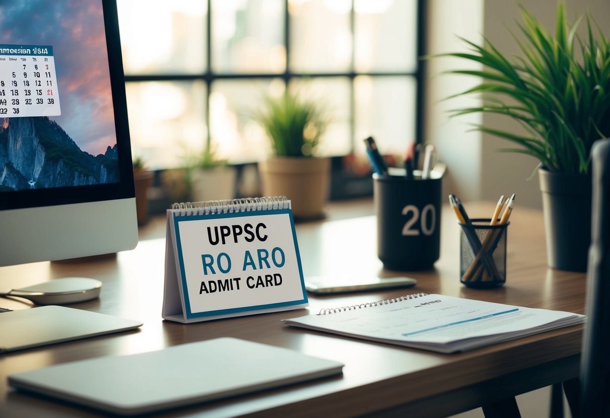 A desk with a computer, a printed UPPSC RO ARO Admit Card, and a calendar showing the year 2024