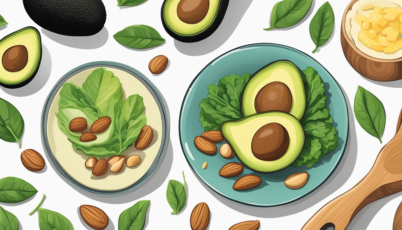 A colorful plate of keto-friendly foods, including avocados, nuts, and leafy greens, with a bottle of digestive enzymes nearby