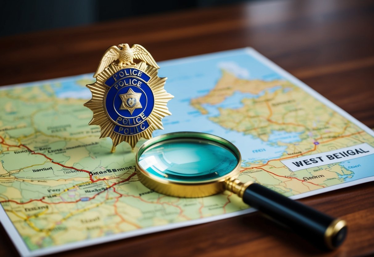 A police badge and a magnifying glass on a wooden desk, with a map of West Bengal in the background