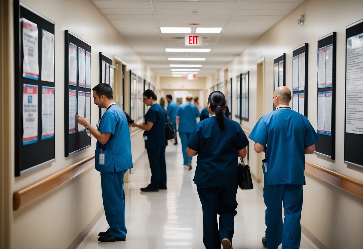 A bustling hospital hallway with staff members reviewing recruitment notices posted on bulletin boards