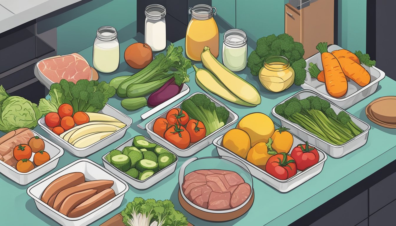 A kitchen counter with a variety of fresh vegetables, lean meats, and healthy fats laid out for meal prep. A chart showing keto-friendly food options and their impact on cholesterol levels is displayed on the wall