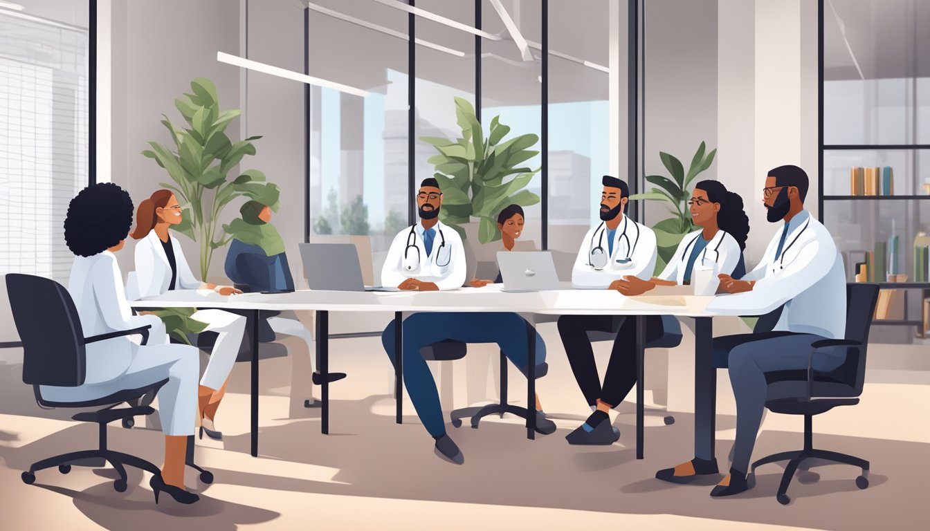 A group of healthcare providers discussing the effects of the keto diet on cholesterol levels in a modern office setting