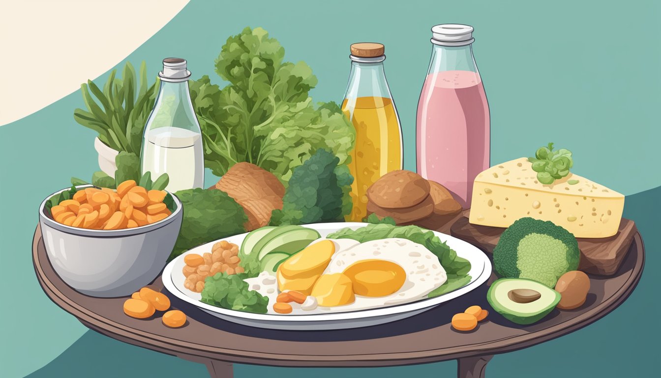 A table with keto-friendly foods and a bottle of probiotics to represent the impact of the keto diet on yeast infections