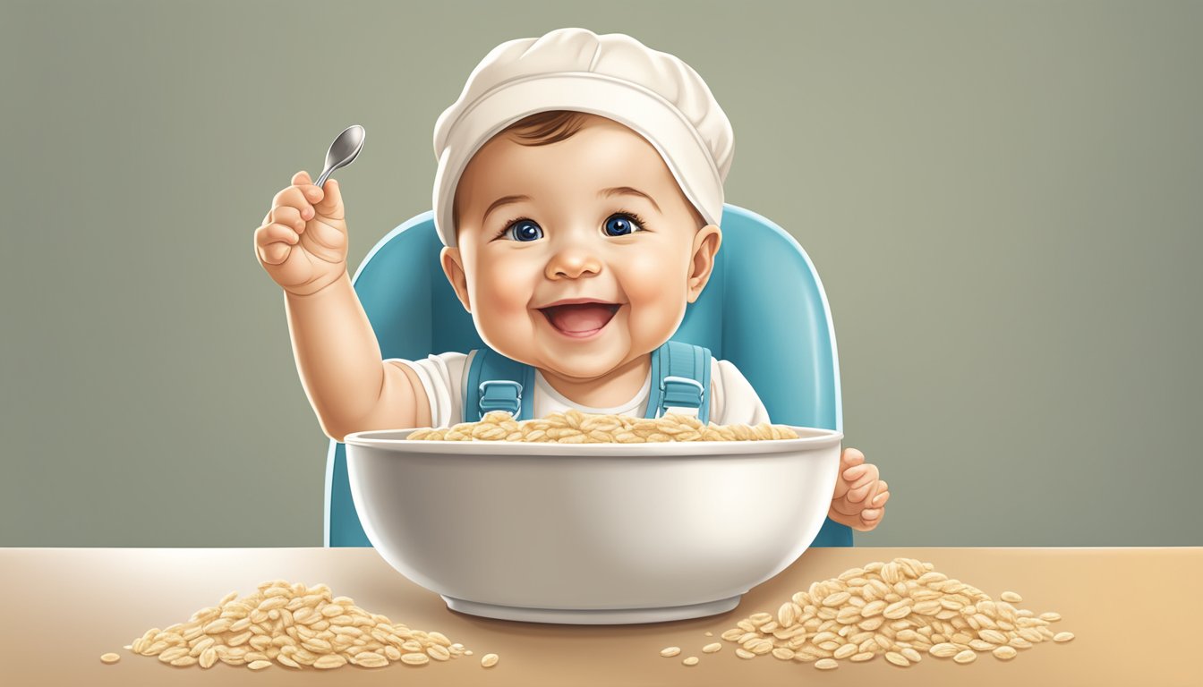 A smiling baby sitting in a high chair, eagerly reaching for a spoonful of happy baby organic oatmeal cereal