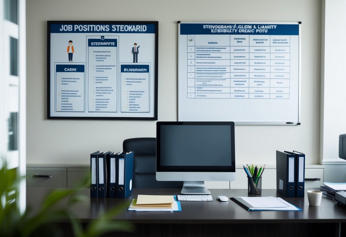 An office desk with a computer, files, and a notice board displaying job positions and eligibility criteria for stenographer, clerk, and group D posts