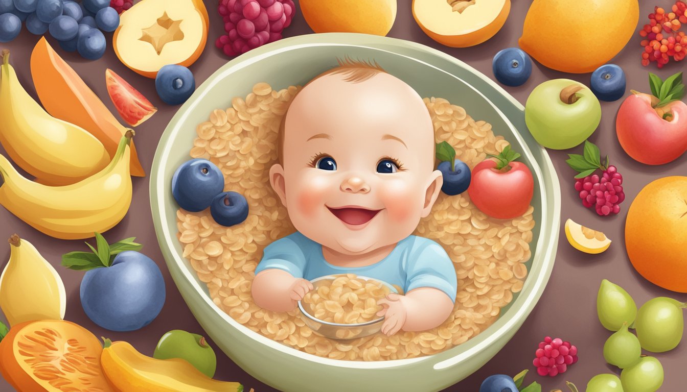 A smiling baby surrounded by colorful fruits and grains, with a bowl of Happy Baby organic oatmeal cereal in the foreground