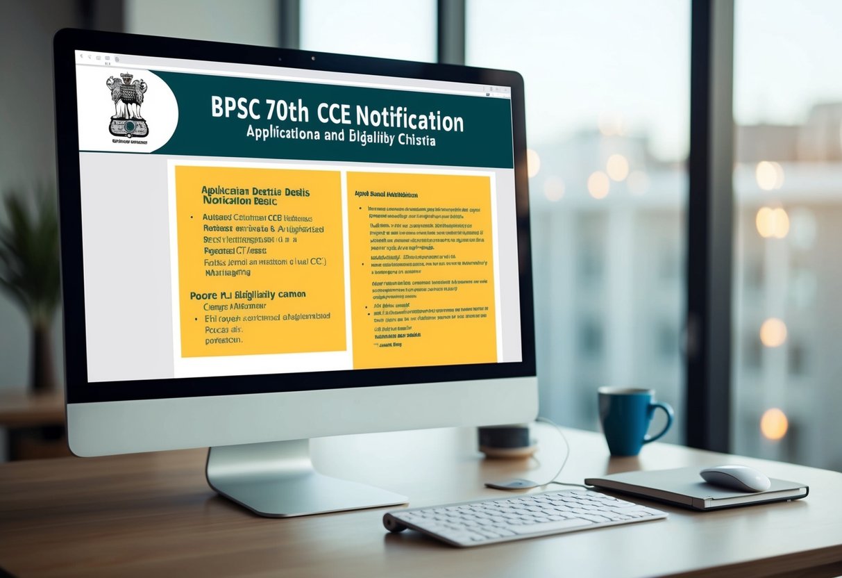 A computer screen displaying the BPSC 70th CCE notification with application details and eligibility criteria