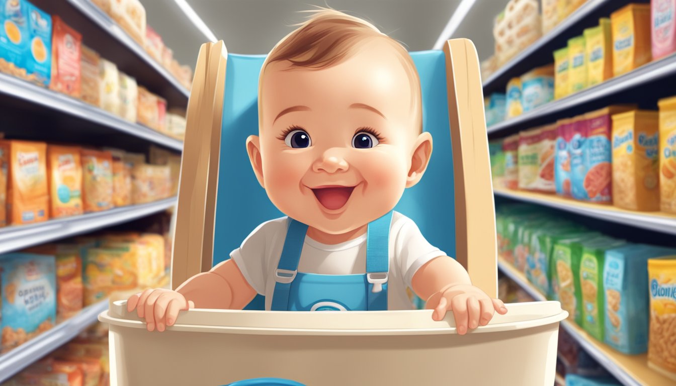 A smiling baby sits in a high chair, eagerly reaching for a box of organic oatmeal cereal on a shelf in a brightly lit grocery store aisle