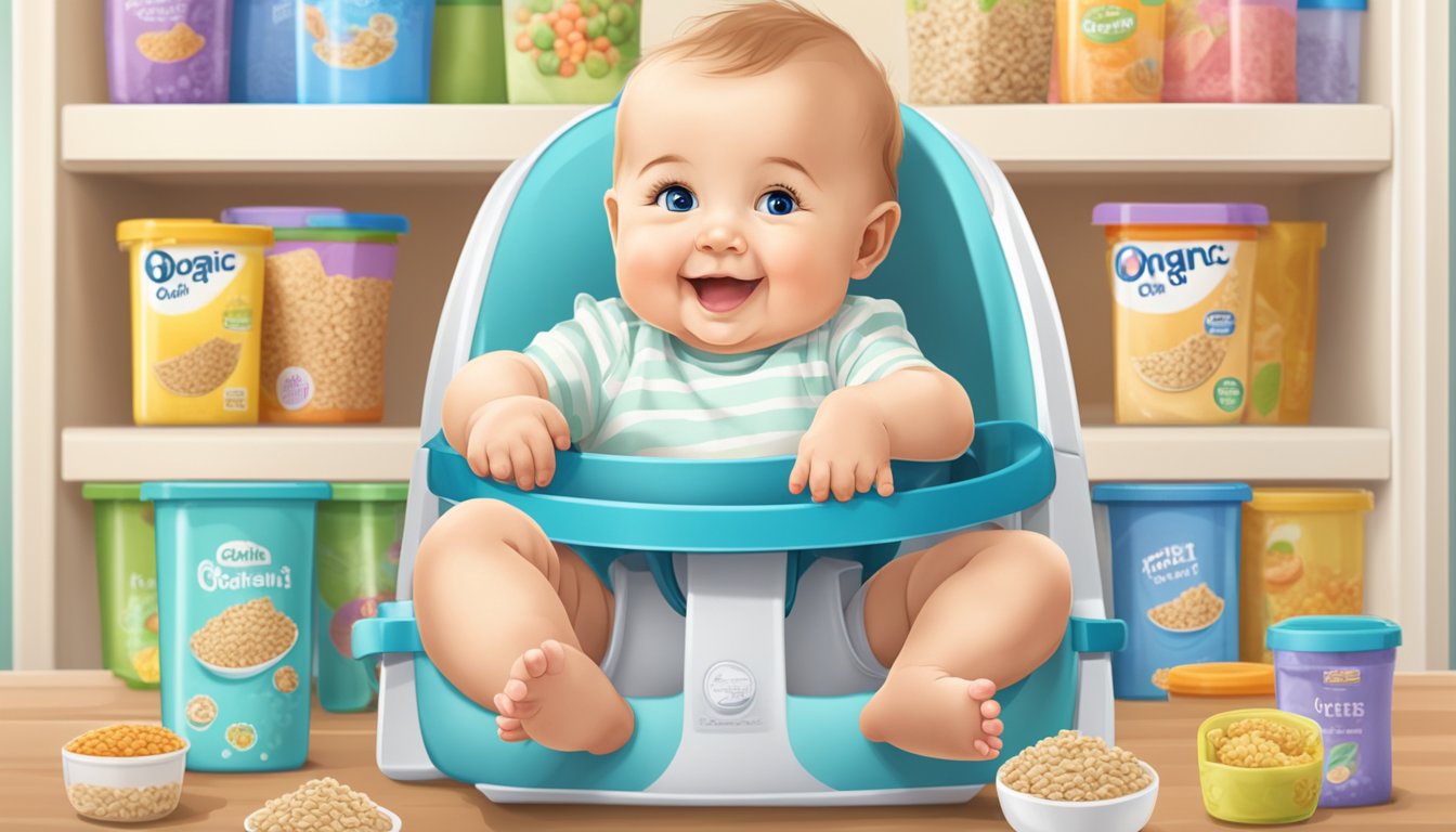 A happy baby sits in a high chair, surrounded by colorful containers of organic oatmeal cereal. The room is filled with child-proof locks and safety gates