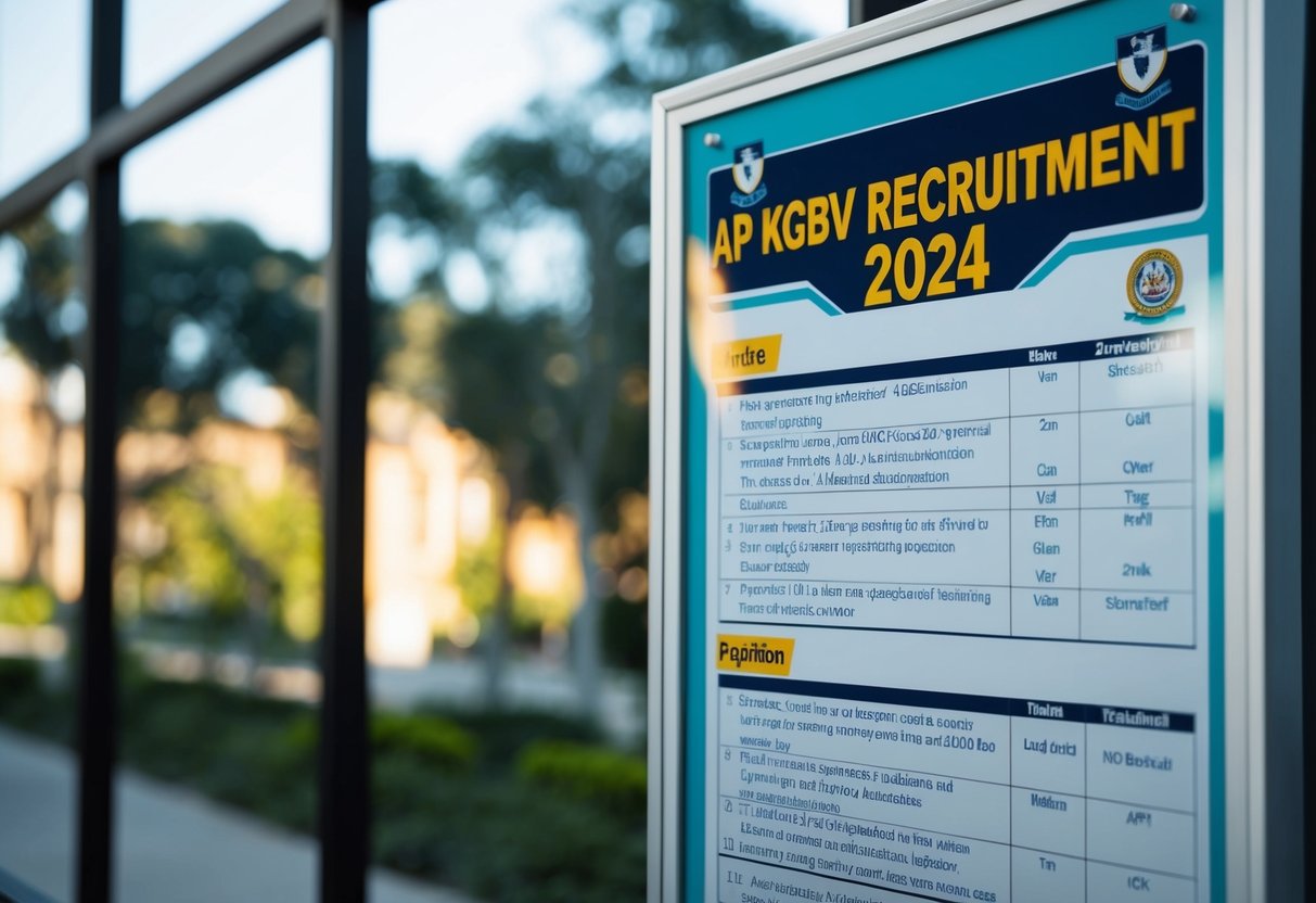 A notice board displaying "AP KGBV Recruitment 2024" with teaching and non-teaching positions listed. Online application details visible