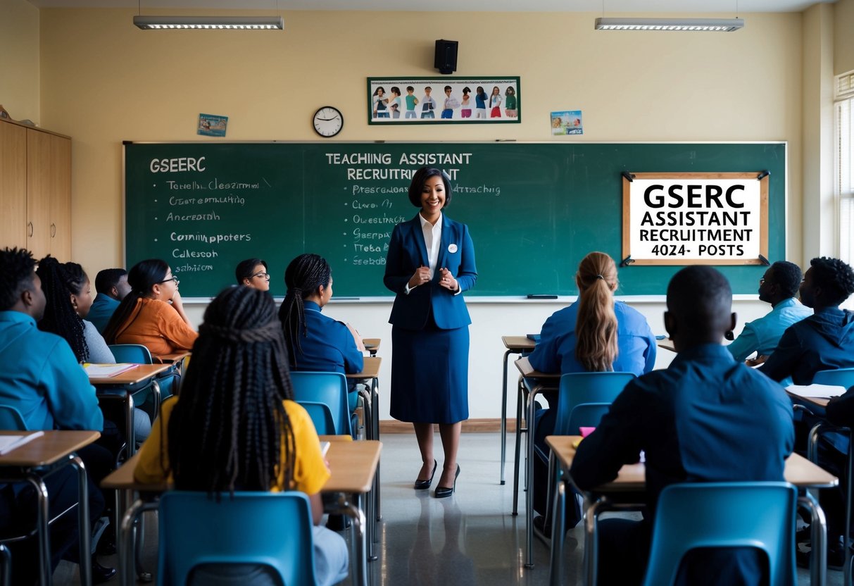 A classroom filled with diverse students, a teacher at the front of the room, and a bulletin board displaying "GSERC Teaching Assistant Recruitment 2024 - 4092 Posts"