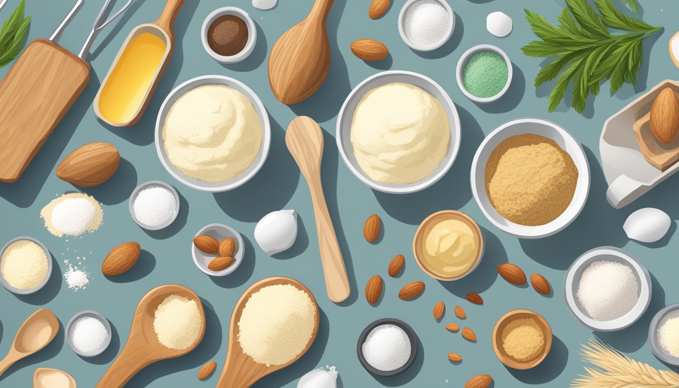 A kitchen counter with various keto baking ingredients and tools laid out in an organized manner, including almond flour, coconut oil, and a mixing bowl