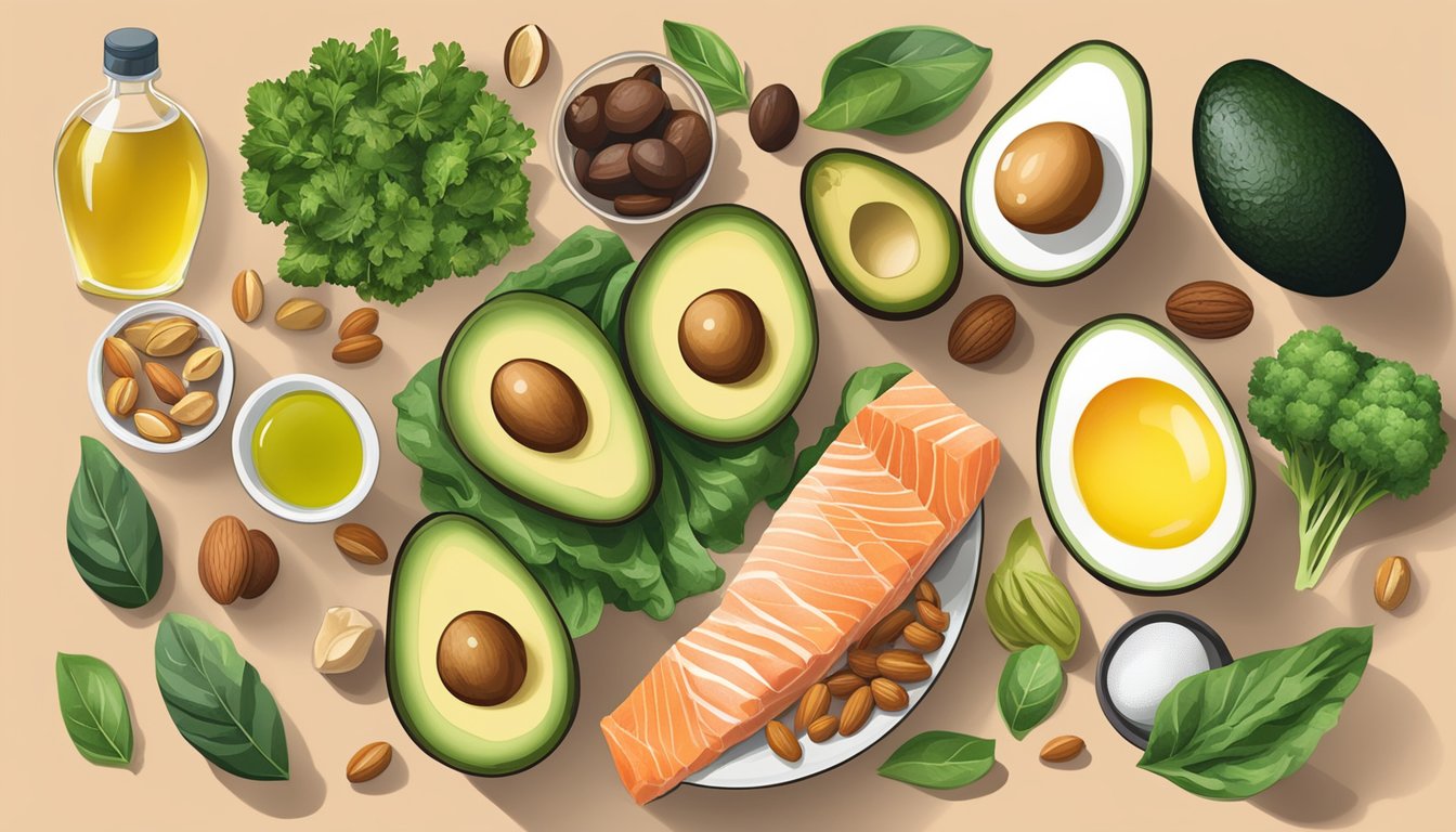 A table filled with keto-friendly foods: avocados, eggs, nuts, leafy greens, salmon, and olive oil