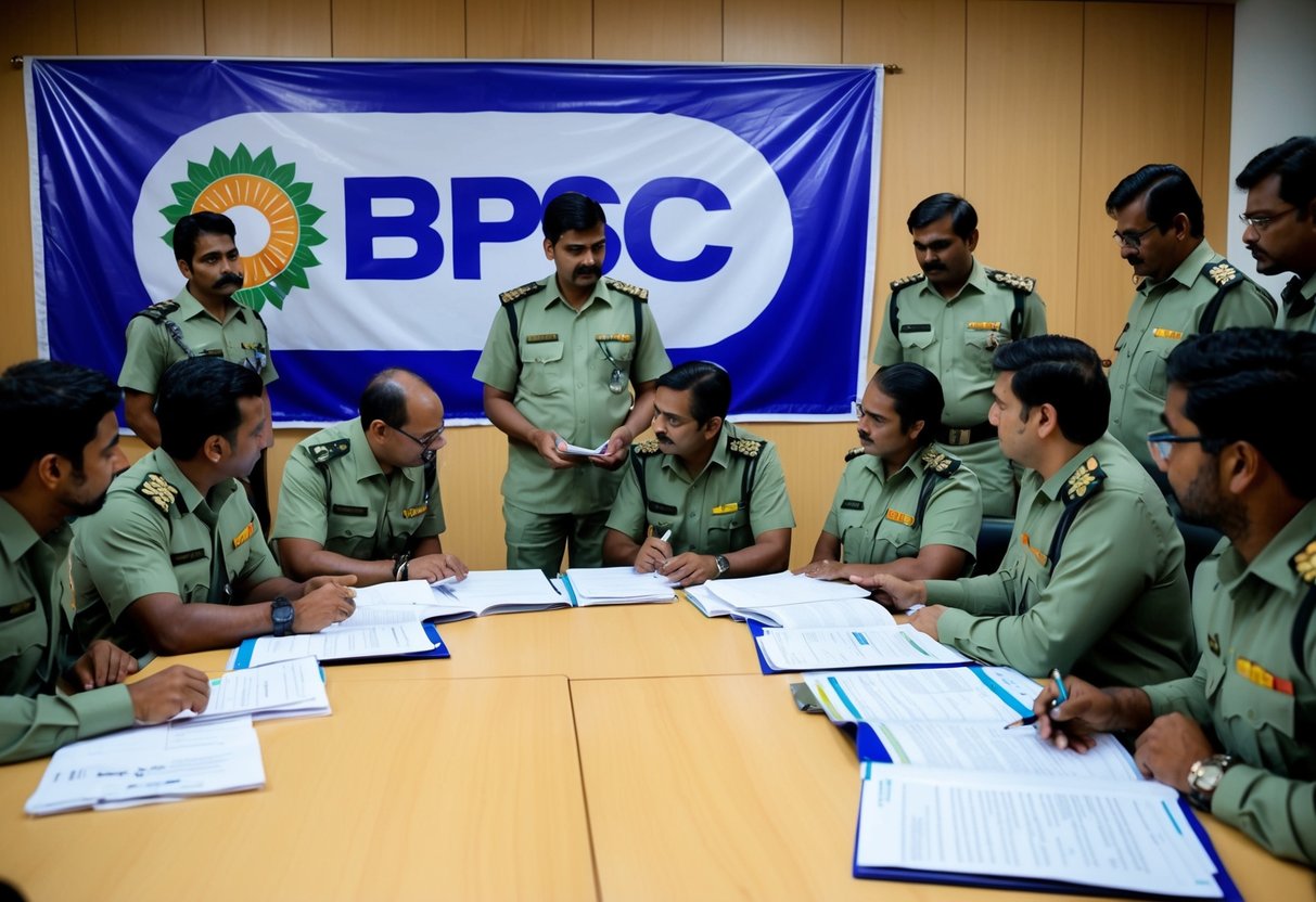 A group of horticulture officers gather around a table, reviewing documents and discussing the selection process. A large banner with the BPSC logo hangs on the wall behind them