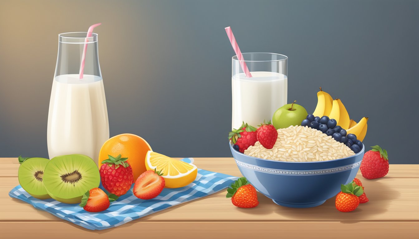 A bowl of Gerber rice cereal surrounded by fresh fruits and a glass of milk on a wooden table