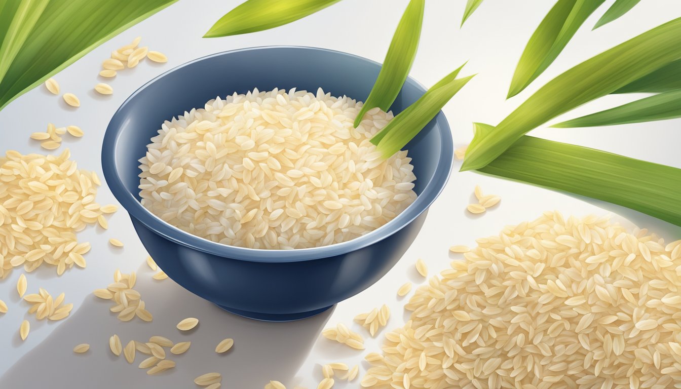 A bowl of Gerber rice cereal surrounded by scattered rice grains