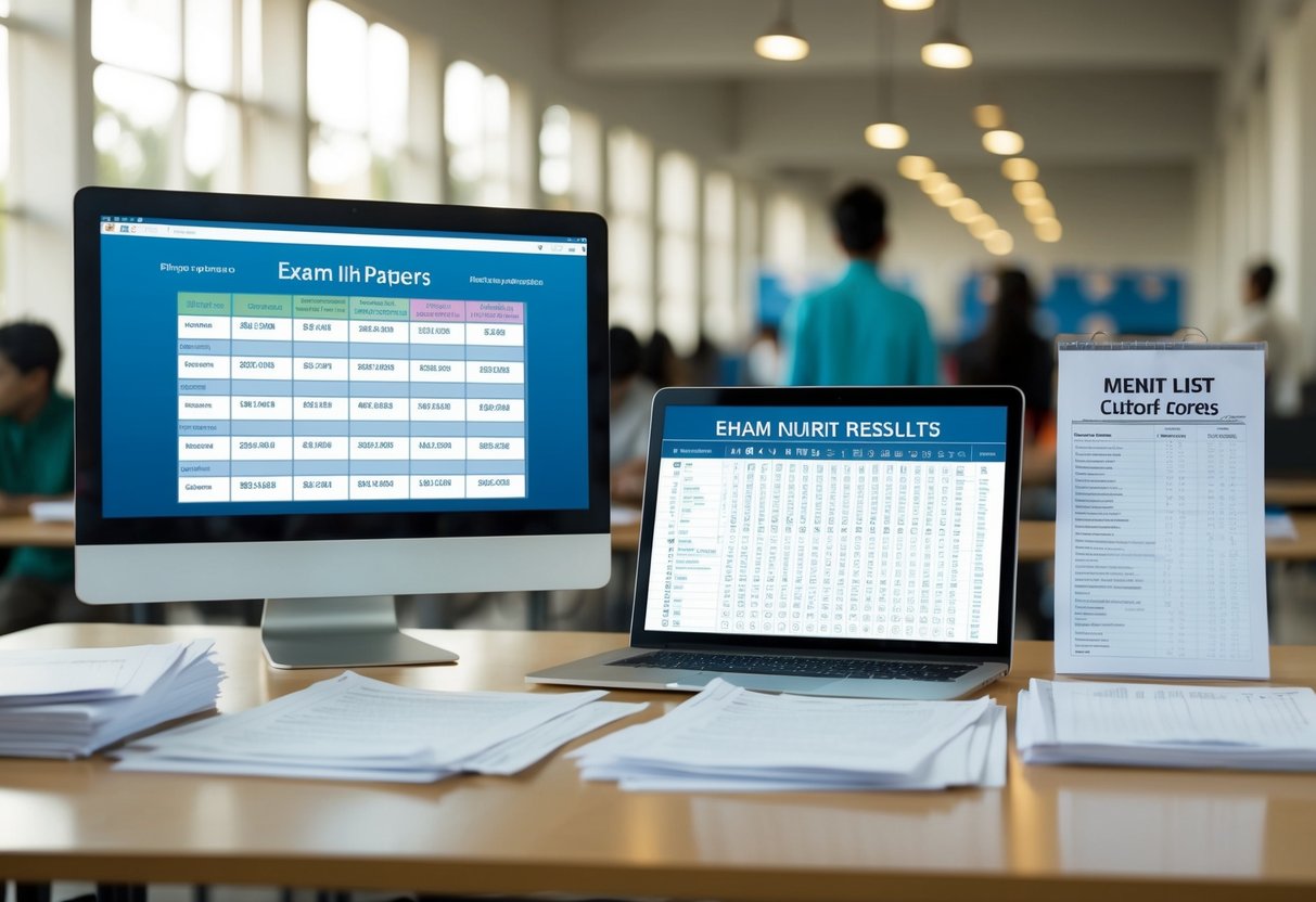 A table with exam papers, a computer displaying results, and a printed merit list with cutoff scores