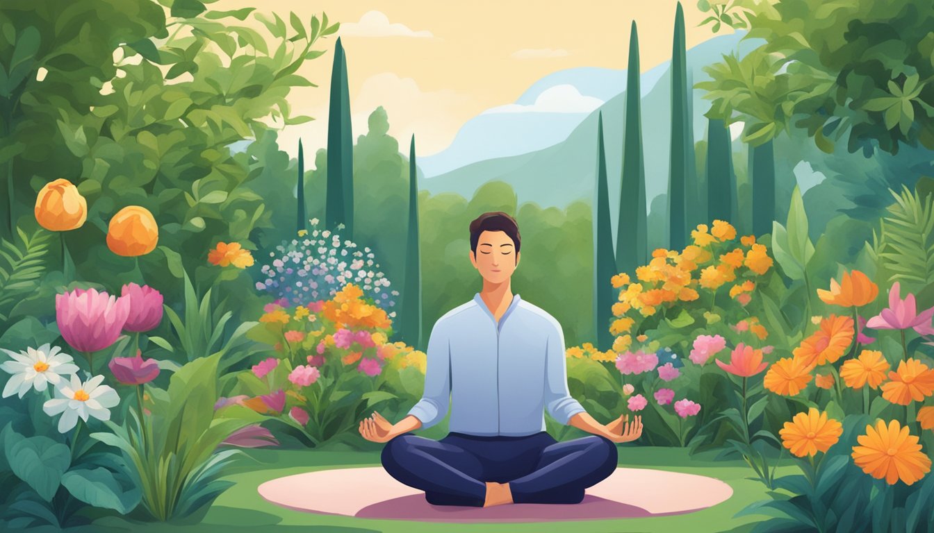 A person meditating in a peaceful garden surrounded by healthy, vibrant plants and flowers