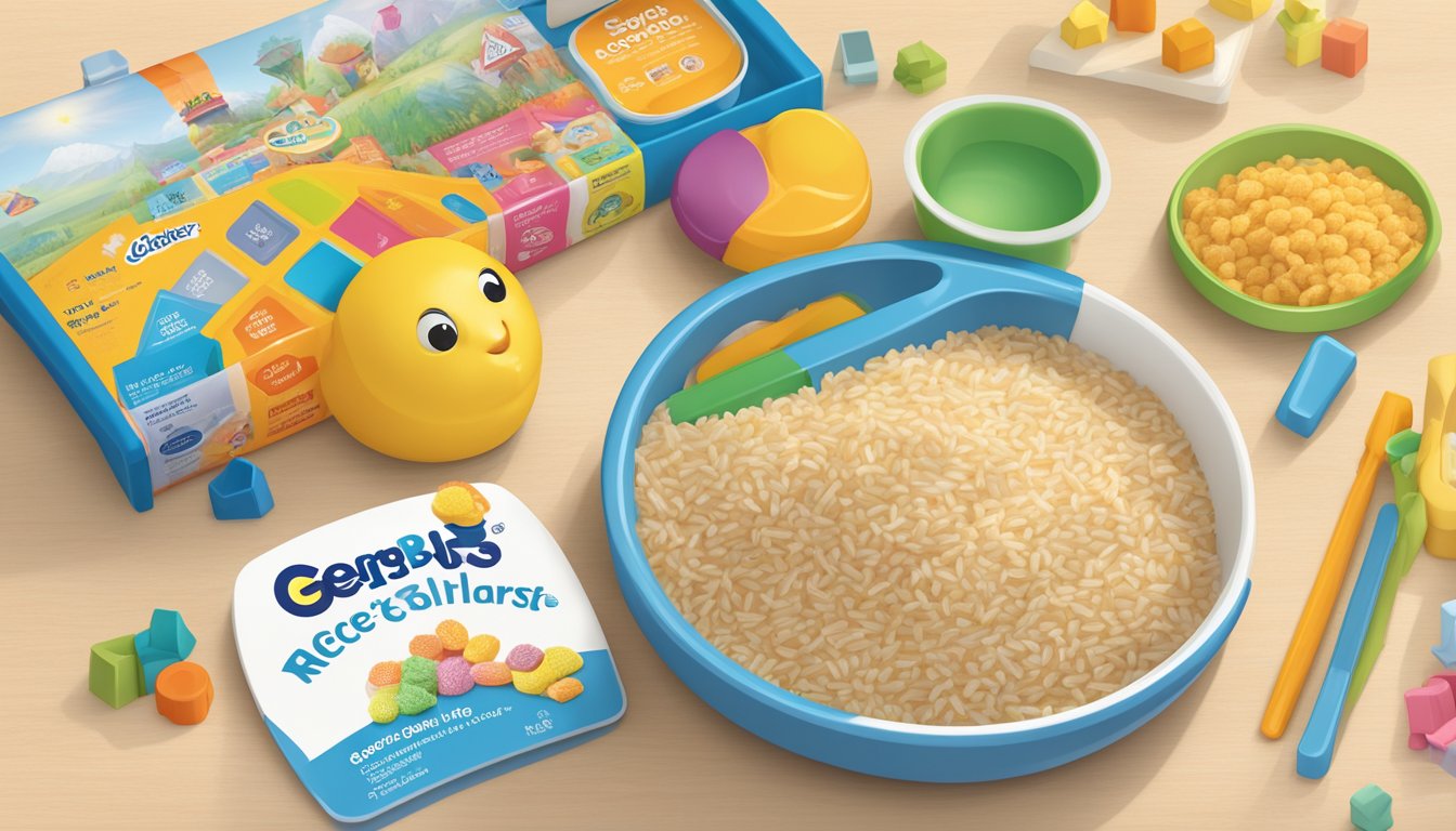 A bowl of Gerber rice cereal sits on a high chair tray, surrounded by colorful toys and a stack of accessible program materials