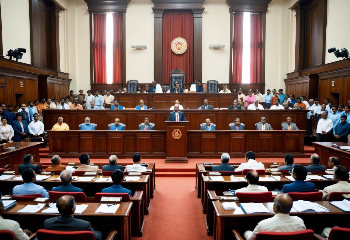 A grand courtroom with judges' benches and a podium, filled with eager onlookers and lawyers, as the Calcutta High Court LDA Result 2024 is announced