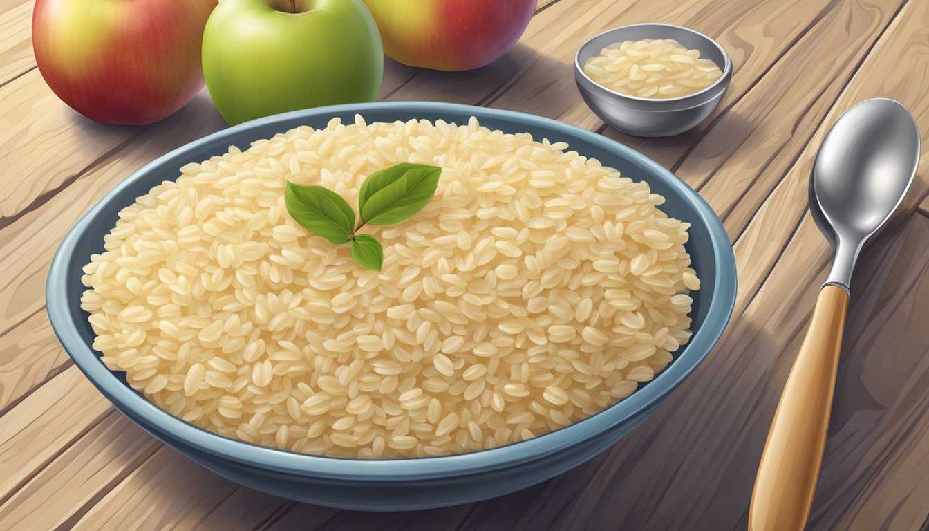 A bowl of Gerber organic rice cereal with apple sitting on a wooden table, surrounded by fresh apples and a spoon