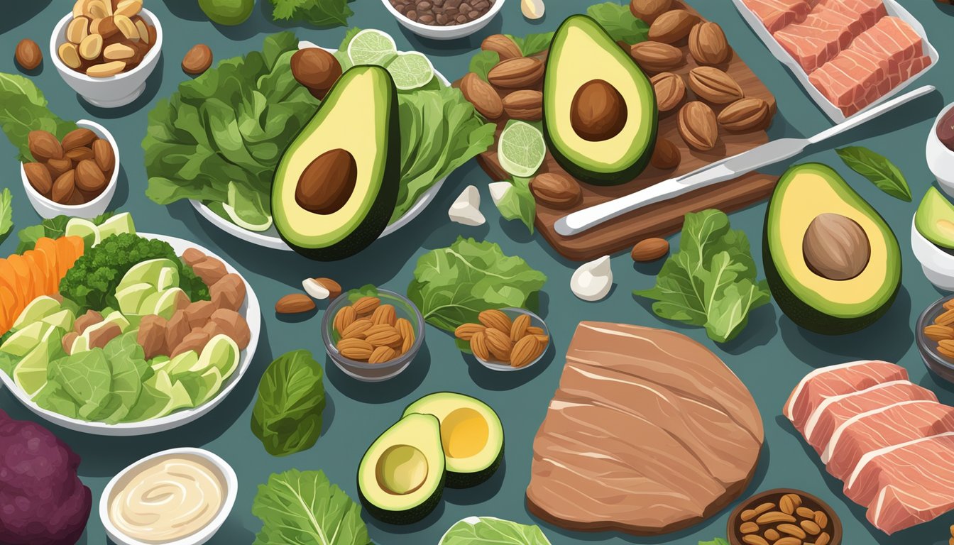 A colorful array of keto-friendly foods and ingredients, including avocados, nuts, leafy greens, and lean meats, arranged in an organized and visually appealing manner