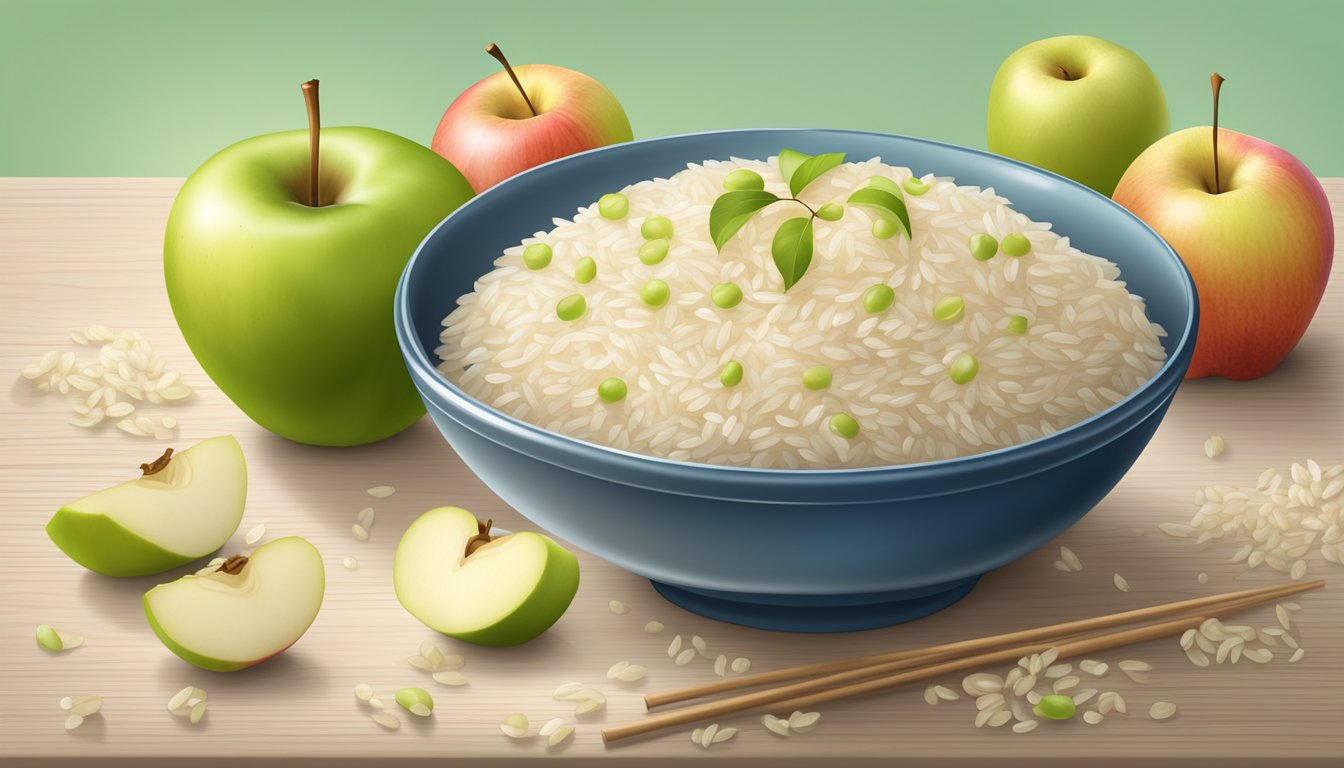 A bowl of Gerber organic rice cereal with apple, surrounded by fresh apples and rice grains