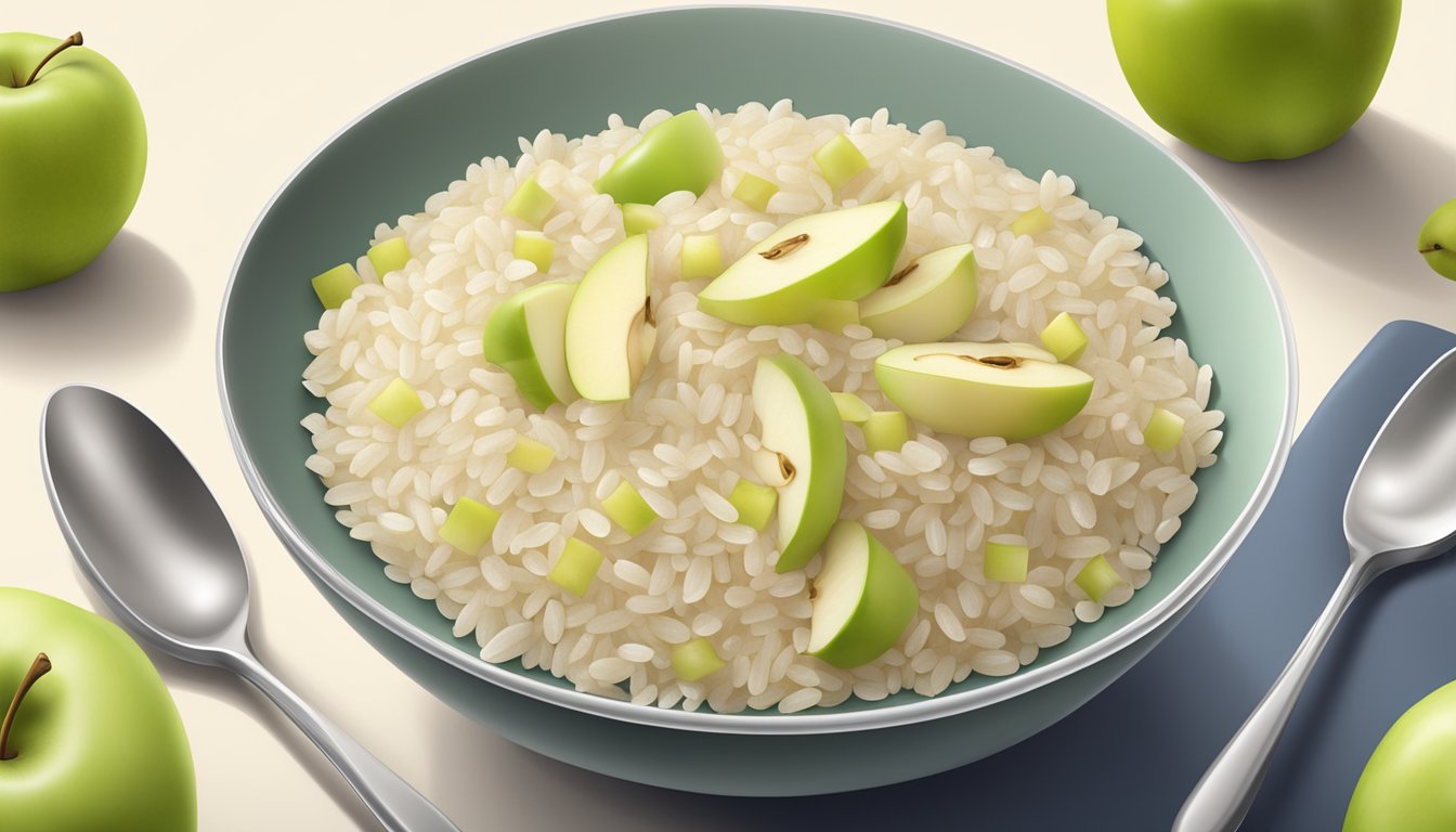 A bowl of Gerber organic rice cereal with apple surrounded by fresh apples and a spoon