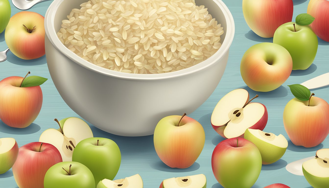 A bowl of Gerber organic rice cereal with apple surrounded by fresh, ripe apples and a measuring spoon