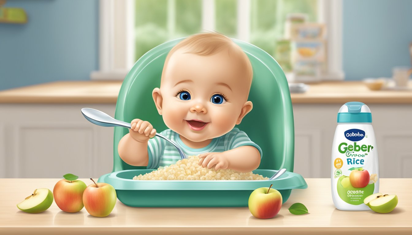 A baby spoon scoops up a dollop of Gerber organic rice cereal with apple, sitting on a high chair tray