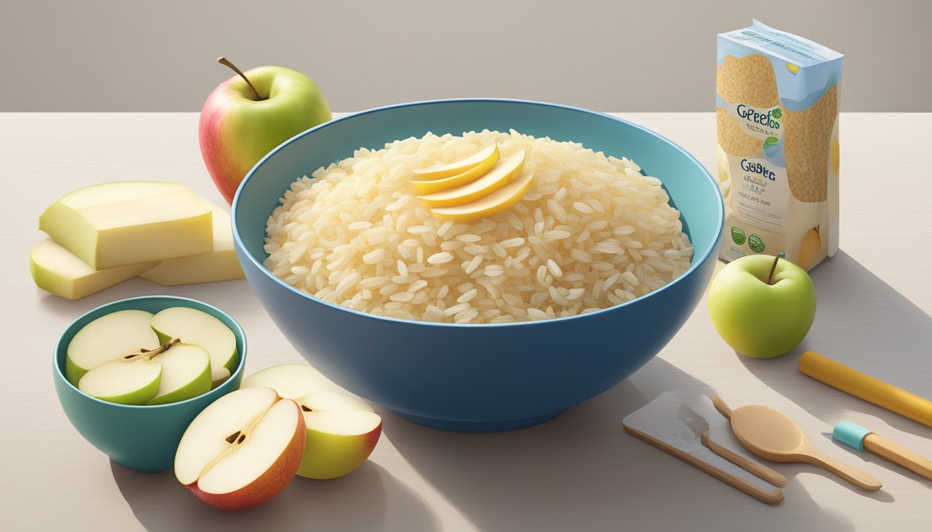 A bowl of Gerber organic rice cereal with apple surrounded by supportive parenting resources and materials