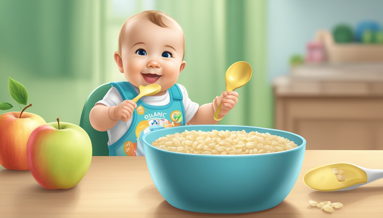 A spoon scoops up a dollop of Gerber organic rice cereal with apple from a colorful container. A smiling baby bib sits nearby