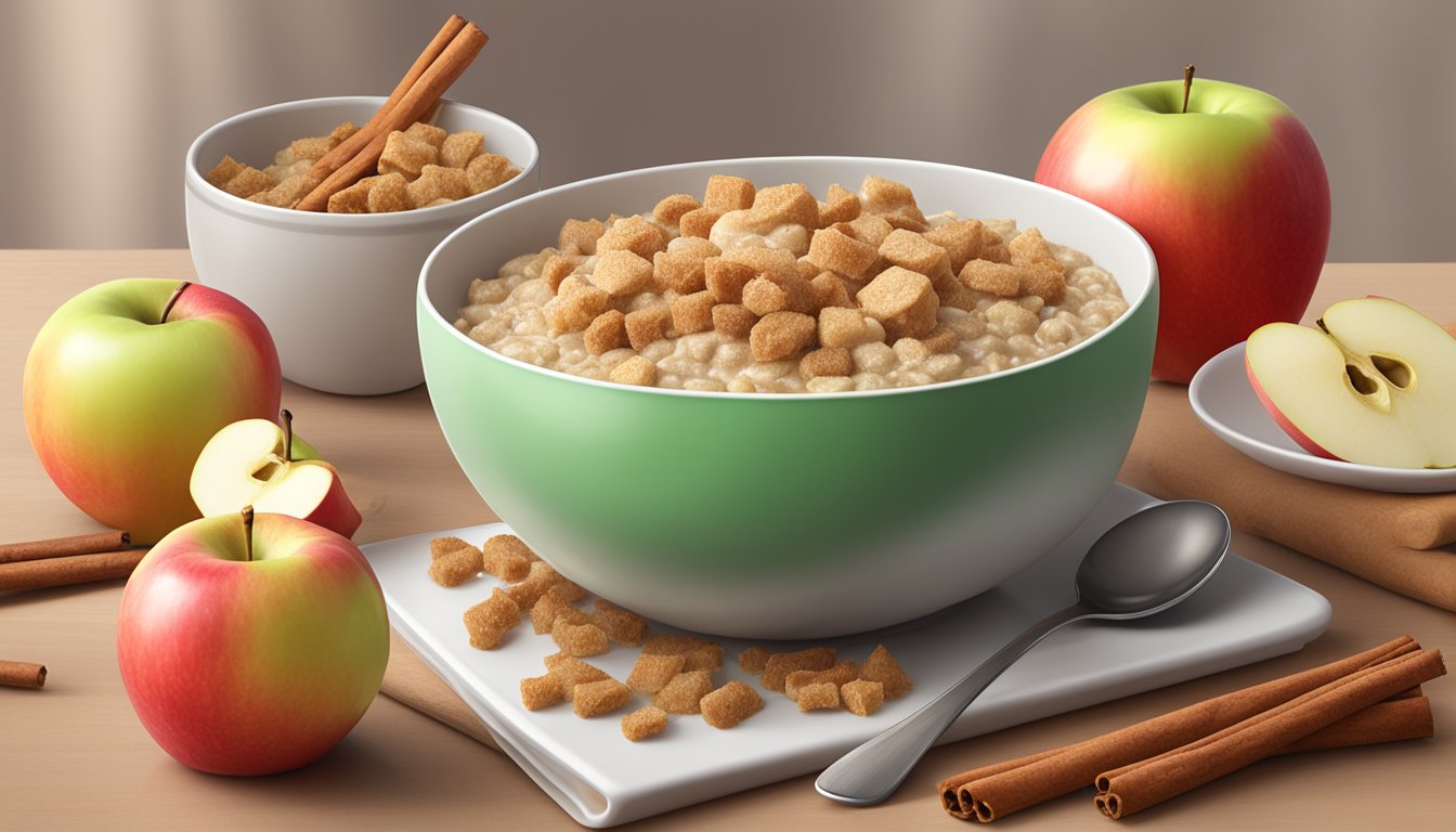 A bowl of Happy Tot Organics Super Morning Apple Cinnamon cereal with a spoon, surrounded by fresh apples and cinnamon sticks