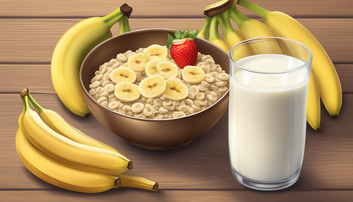 A bowl of Gerber organic wheat cereal with sliced bananas, surrounded by fresh fruit and a glass of milk on a wooden table