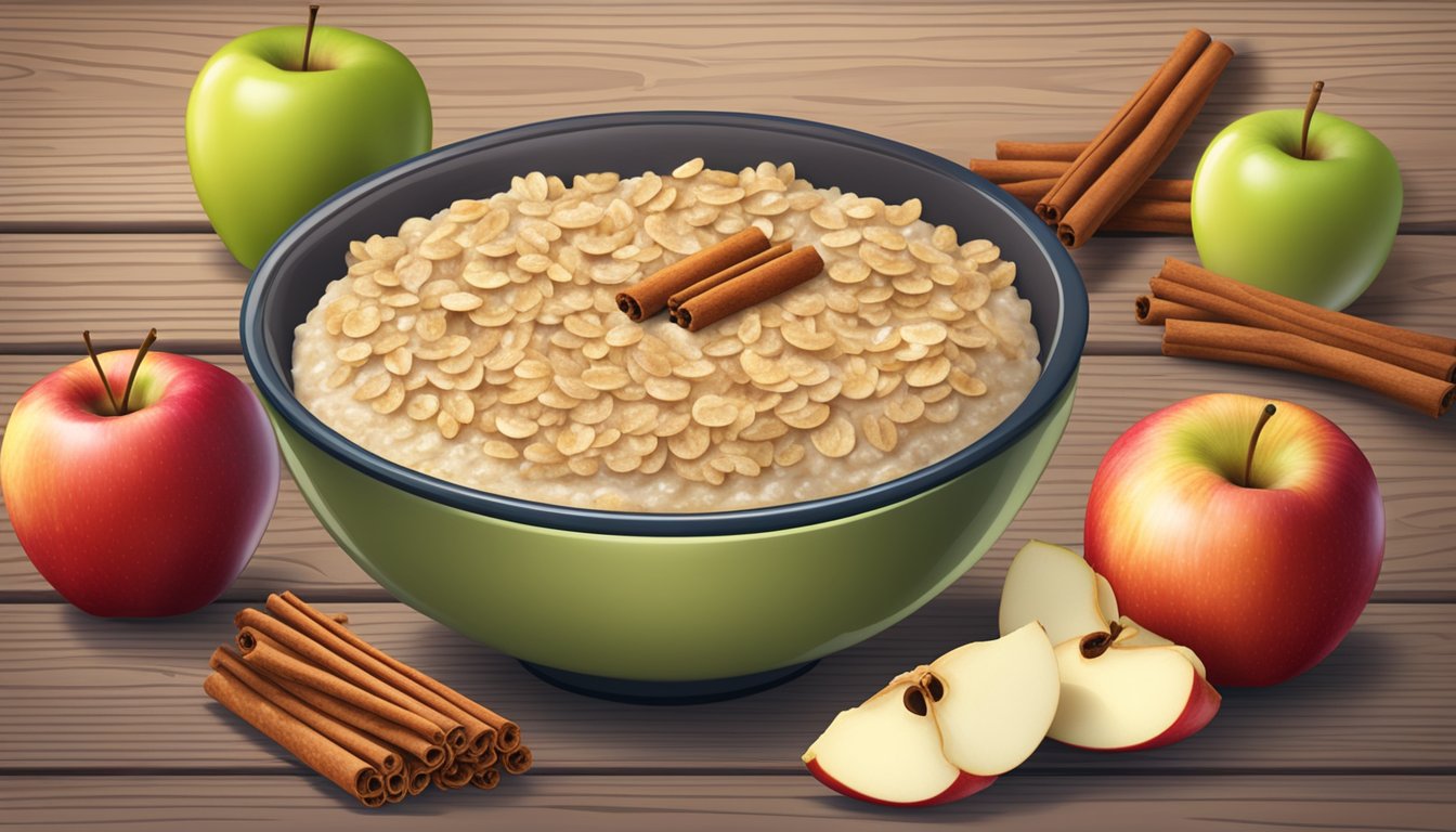 A cheerful bowl of apple cinnamon oatmeal surrounded by fresh apples and cinnamon sticks on a rustic wooden table