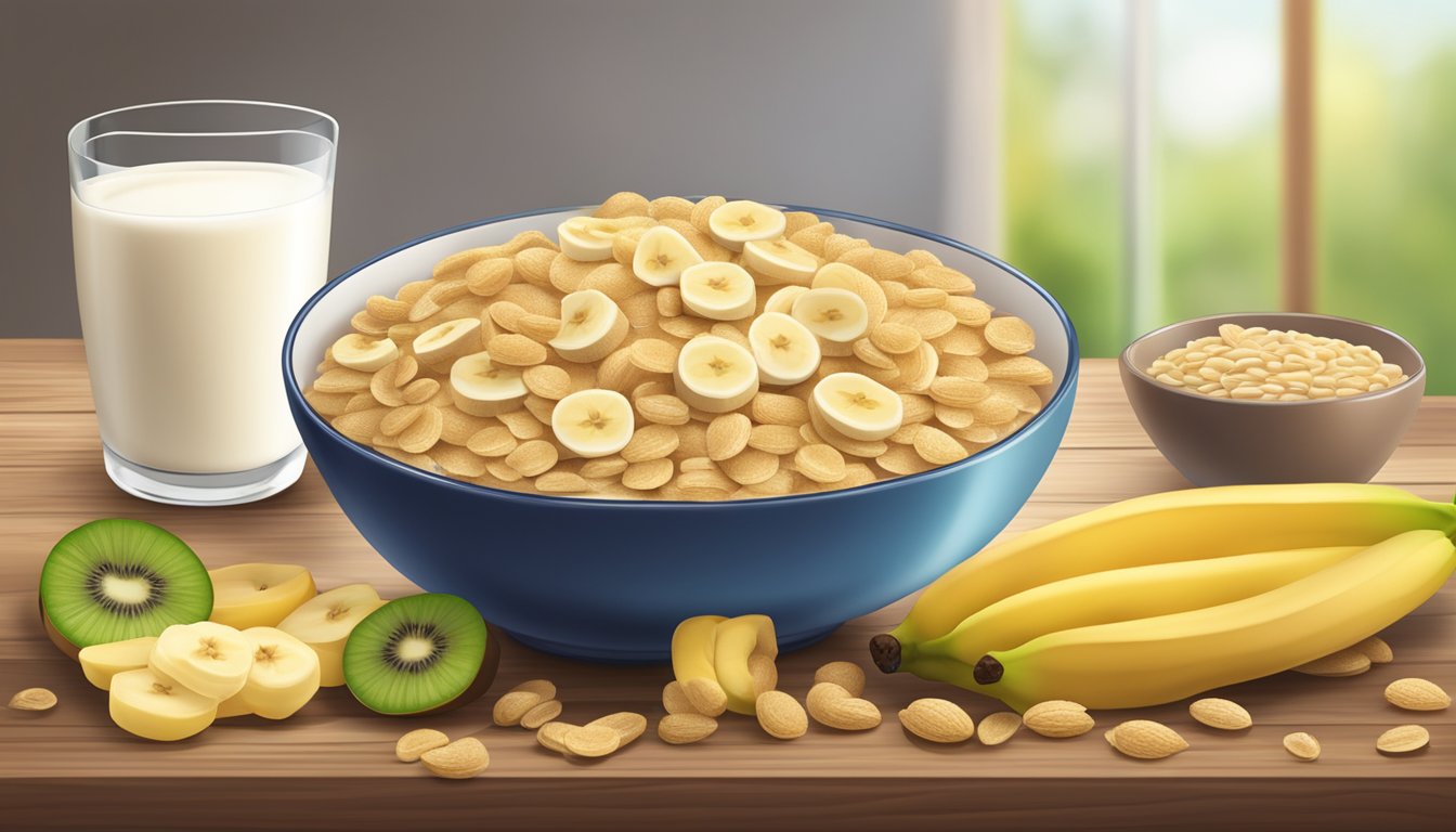 A bowl of Gerber organic wheat cereal with banana, surrounded by fresh fruit and a glass of milk on a wooden table