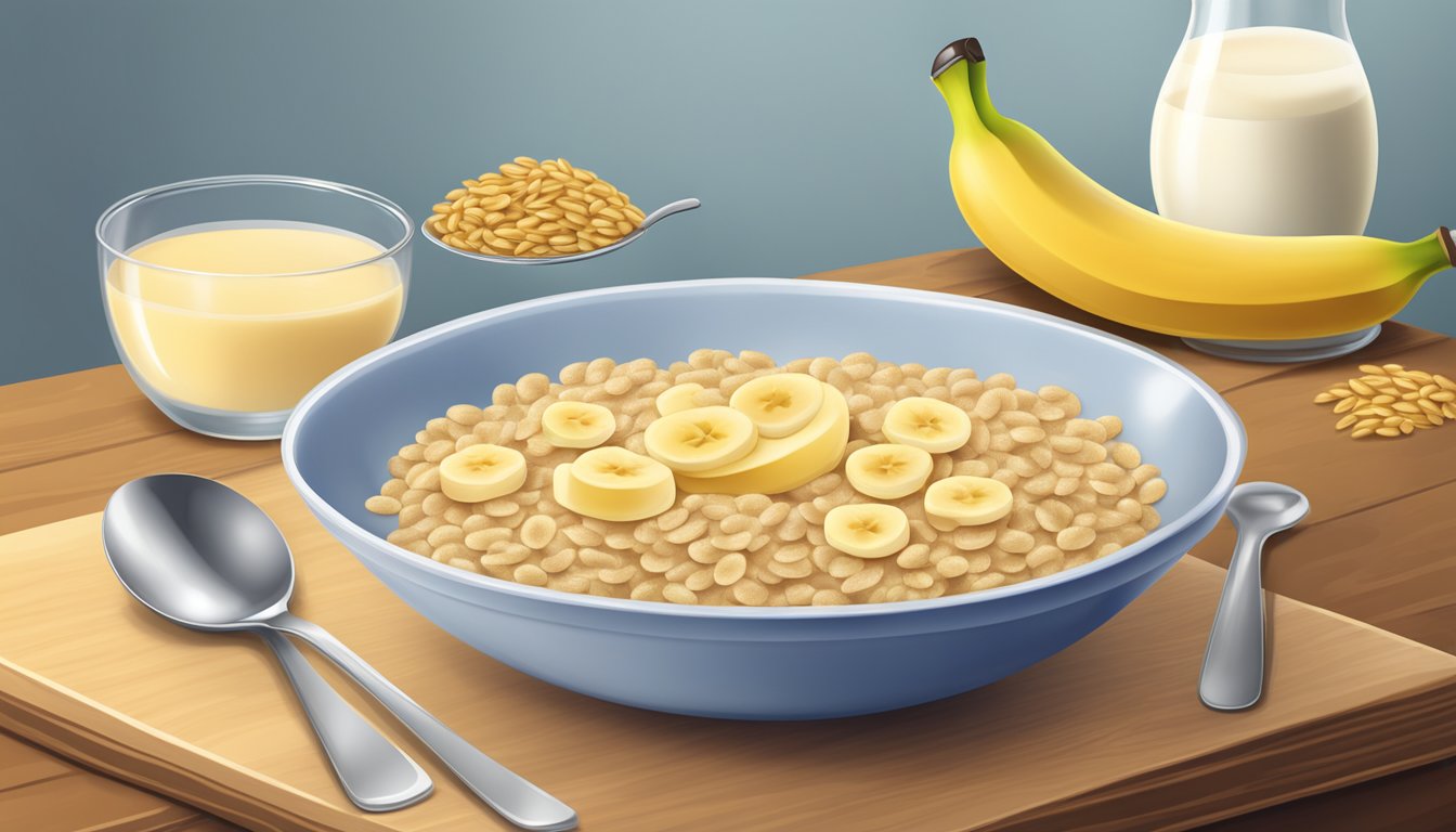 A bowl of Gerber organic wheat cereal with banana, accompanied by a spoon and a glass of milk on a wooden table