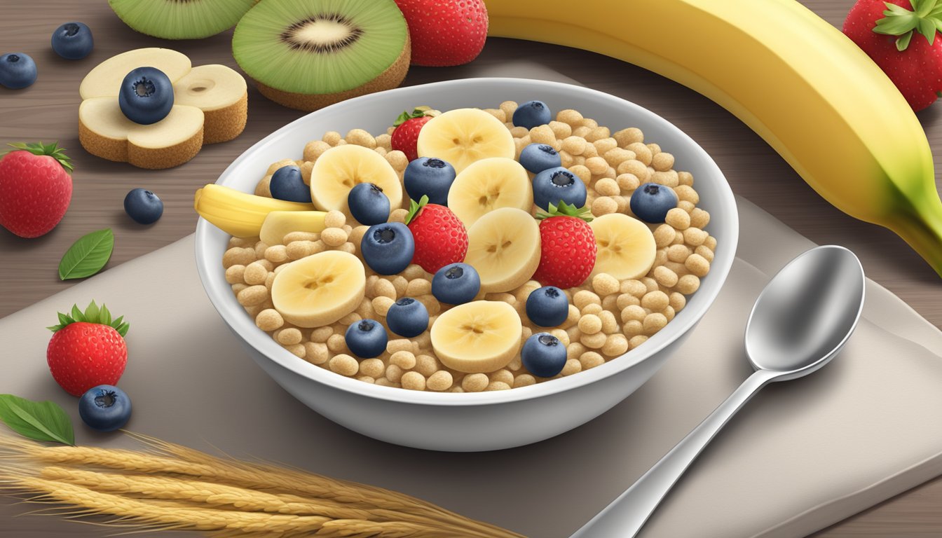 A bowl of Gerber organic wheat cereal with banana, surrounded by fresh fruit and a measuring spoon