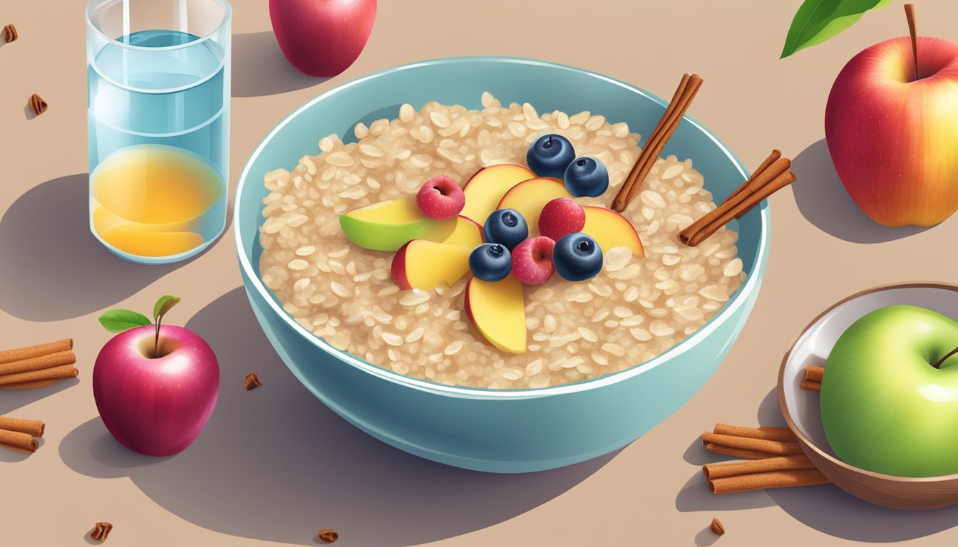 A colorful bowl of apple cinnamon oatmeal surrounded by fresh fruit and a glass of water