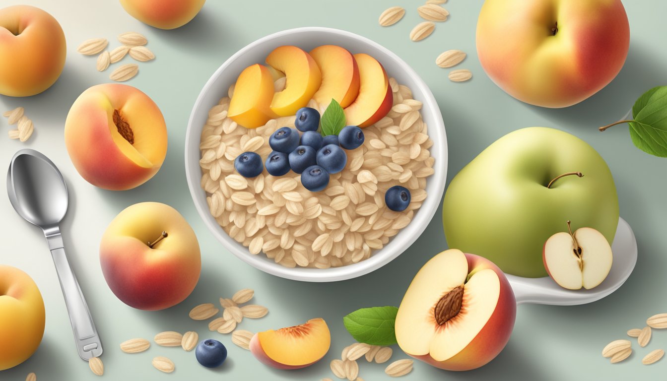 A bowl of Gerber organic oatmeal cereal with peach and apple, surrounded by fresh fruit and a measuring spoon