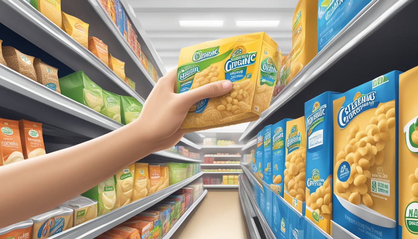 A hand reaching for a box of Gerber organic wheat cereal with banana on a supermarket shelf