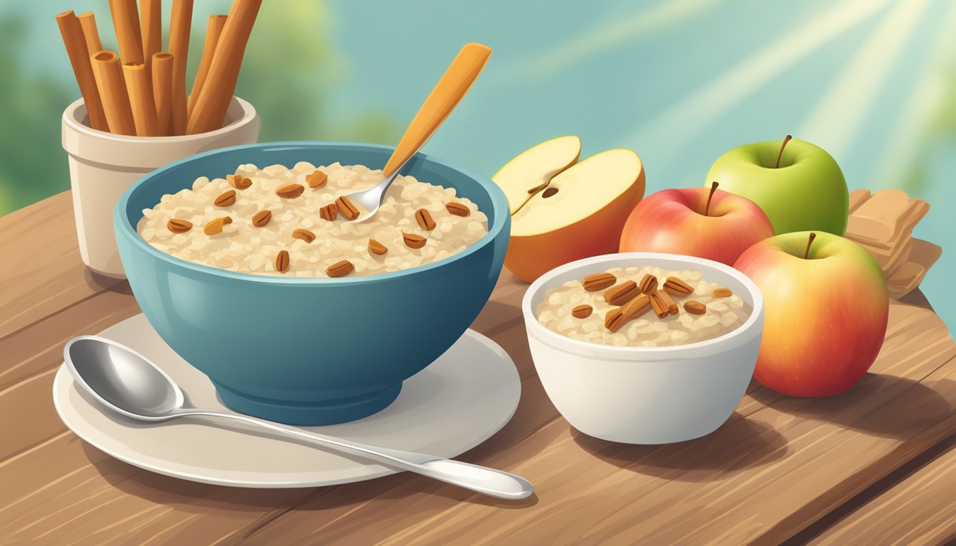 A bright, sunny morning with a bowl of apple cinnamon oatmeal surrounded by fresh fruit and a spoon on a wooden table