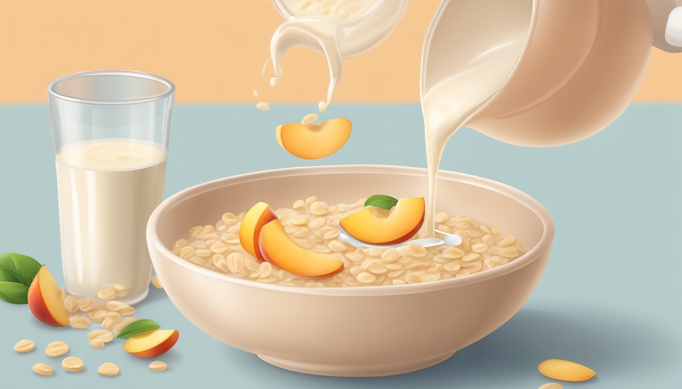 A bowl of Gerber organic oatmeal cereal with peach and apple being poured into a baby's feeding dish