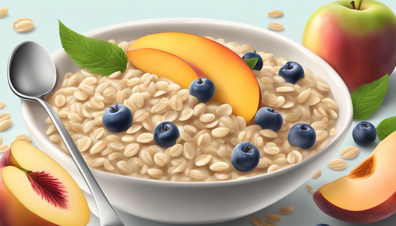 A bowl of Gerber organic oatmeal cereal with peach and apple, surrounded by fresh fruit and a spoon