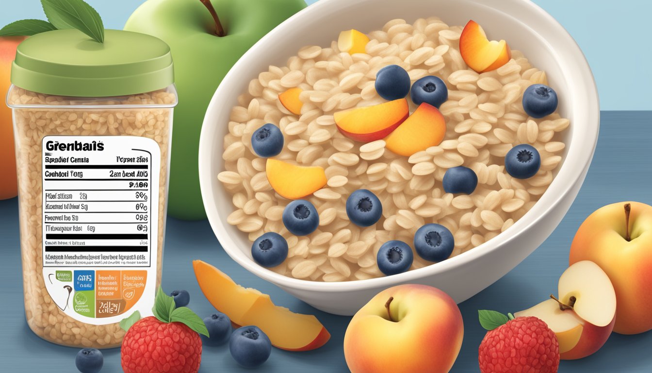 A bowl of Gerber organic oatmeal cereal with peach and apple surrounded by fresh fruit and a clear, easy-to-read allergy information label