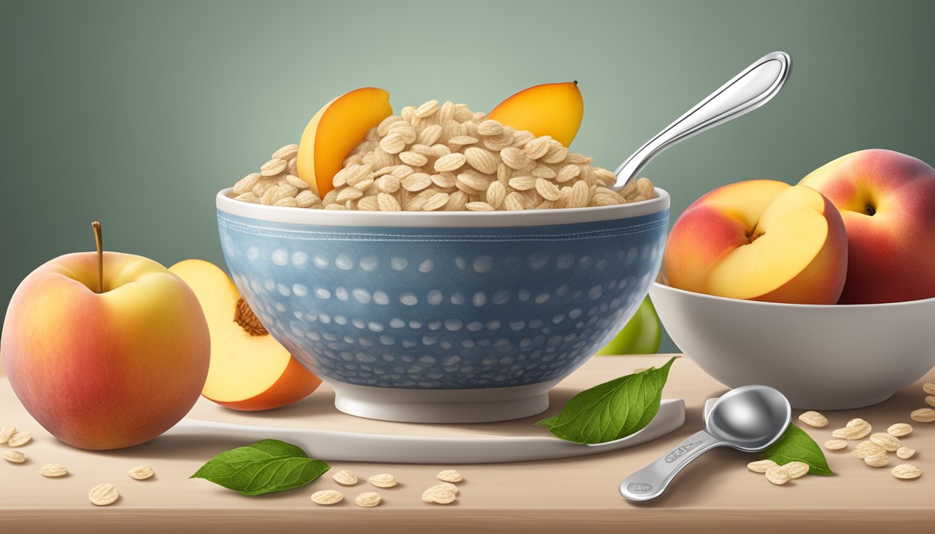 A bowl of Gerber organic oatmeal cereal with peach and apple, surrounded by fresh fruit and a measuring spoon