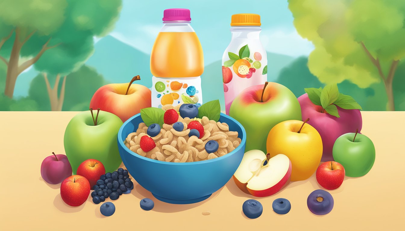 A vibrant bowl of happy tot organics super morning apple cinnamon cereal surrounded by fresh, colorful fruits and a reusable water bottle