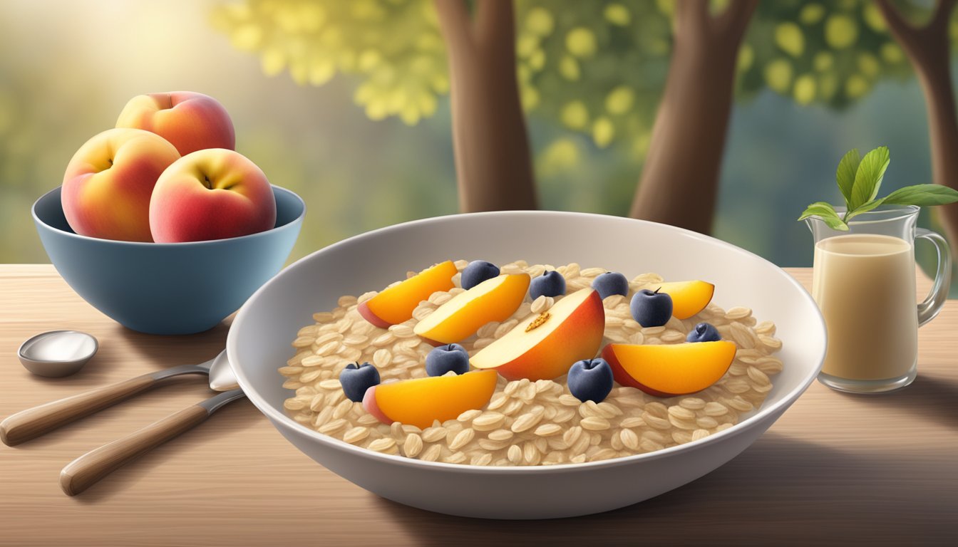 A bowl of Gerber organic oatmeal cereal with peach and apple, surrounded by ripe fruit and a rustic, natural backdrop