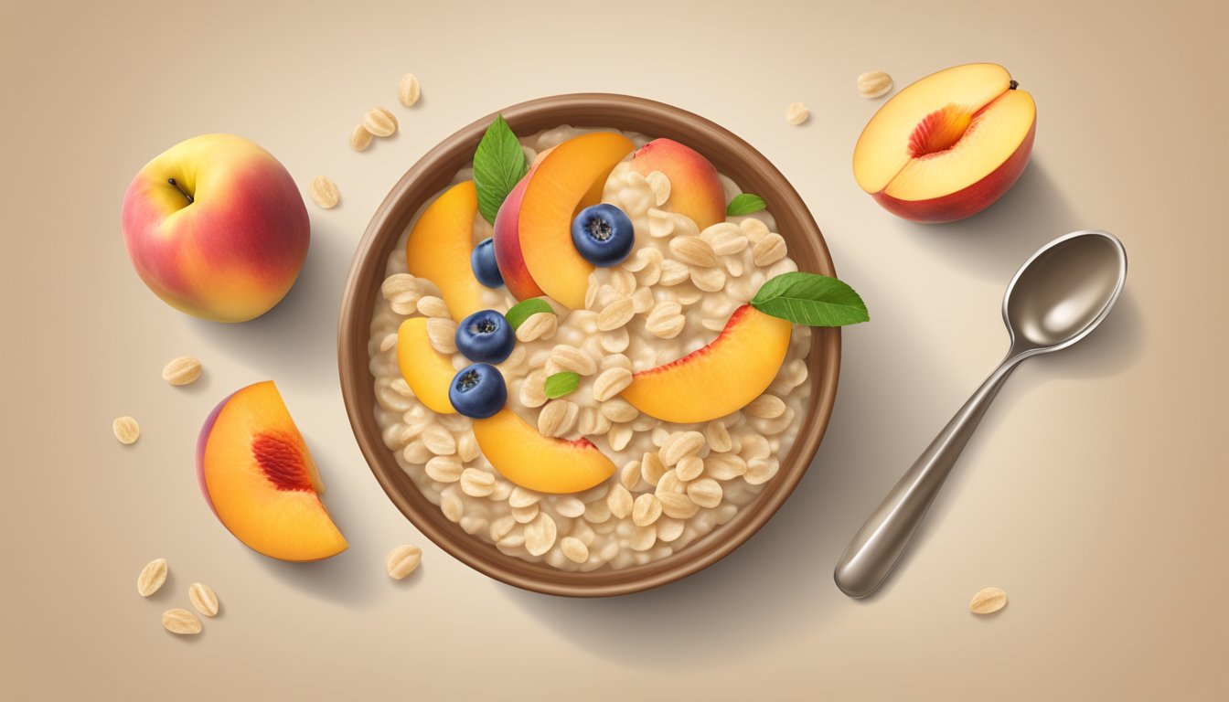 A bowl of Gerber organic oatmeal cereal with peach and apple, surrounded by colorful fruits and a spoon